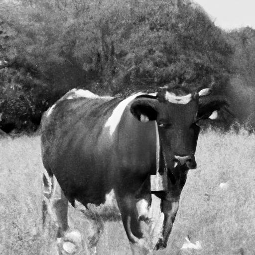 Một bức ảnh đen trắng của một con bò với chiếc chuông quanh cổ đang đứng giữa đồng cỏ.