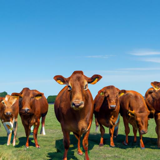 Bầy bò nâu đang ăn cỏ trên đồng cỏ với nền trời xanh.