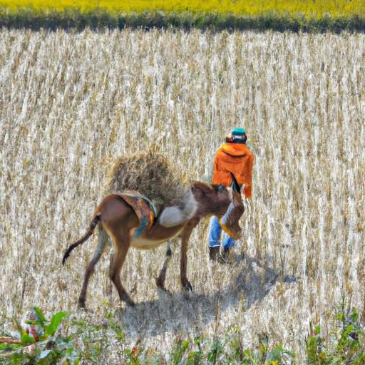 Hình ảnh của một con lừa và người nông dân đang cùng nhau làm việc trên cánh đồng lúa.