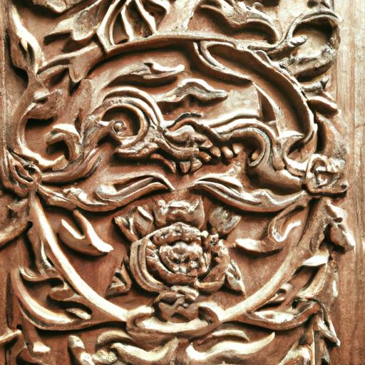 Điêu khắc kỳ lân phức tạp trên cánh cửa gỗ