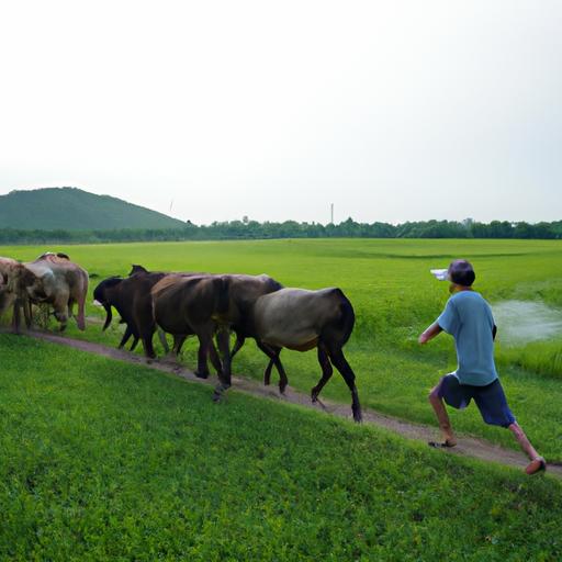 Người nông dân đang dắt đàn con nghê qua cánh đồng xanh tươi.