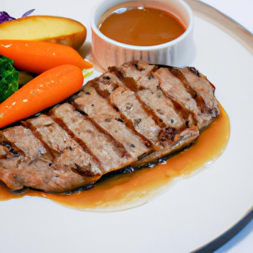 Đĩa thịt bò nướng được phục vụ cùng rau củ và sốt.